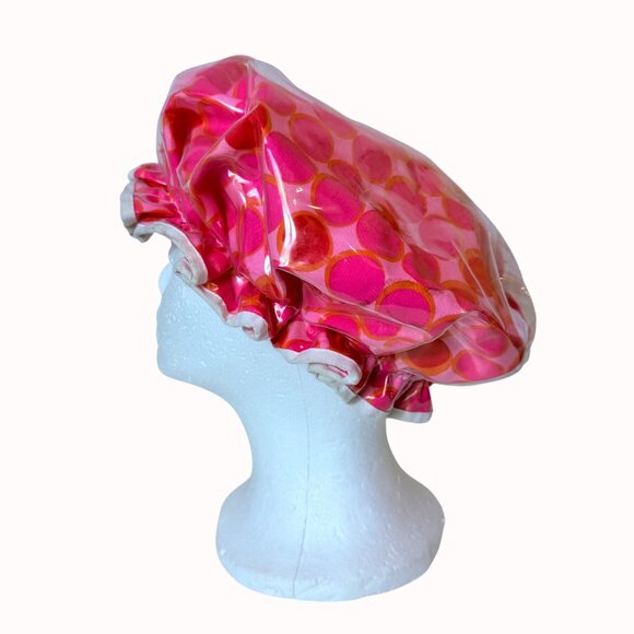 Vinyl Shower Cap Pink Polka Dot Retro 1960s VTG Pin Up Bathroom Hair Mod Glam - Picture 7 of 12